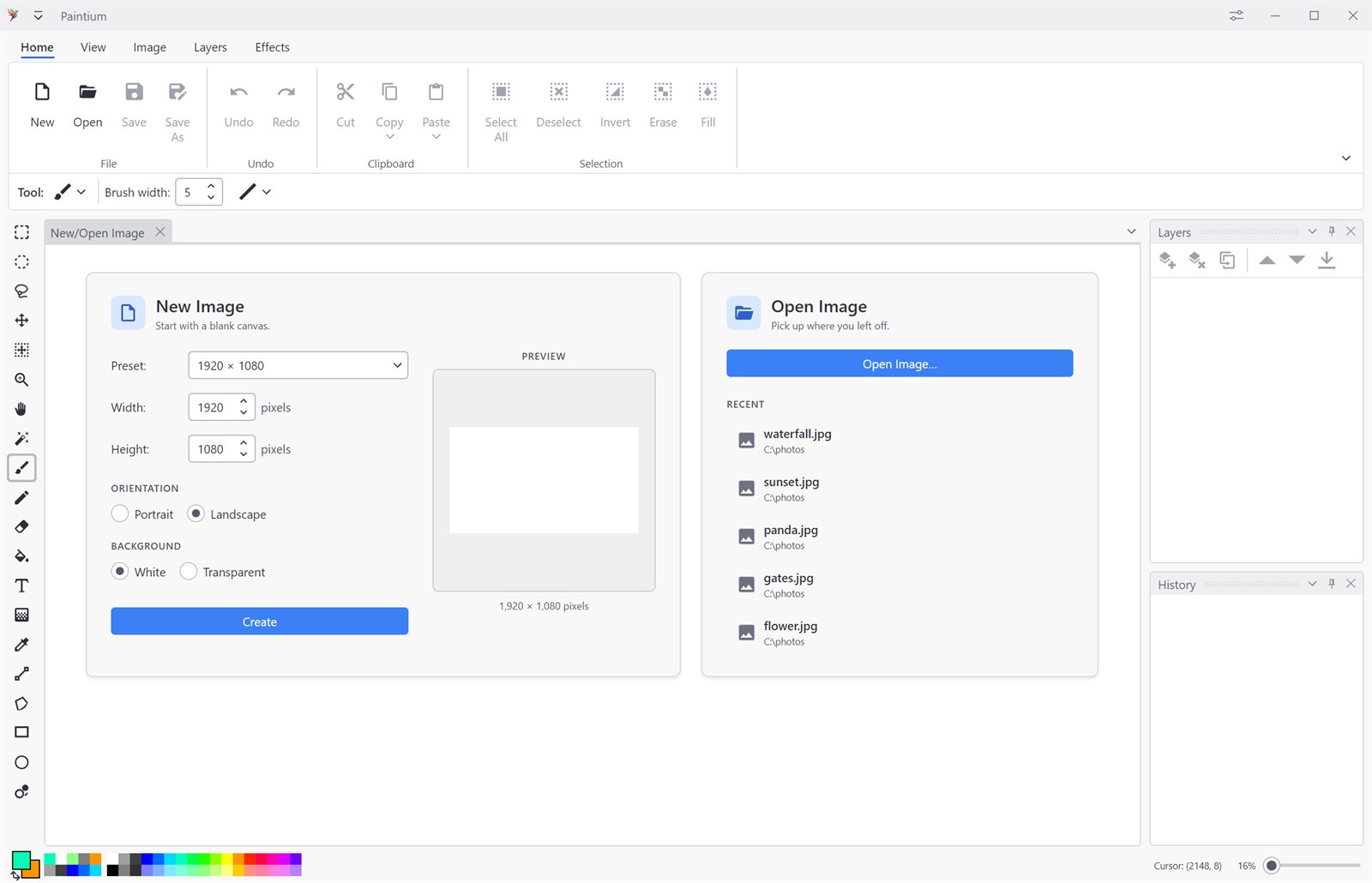 The New/Open Image tab, with size presets and a list of recently opened files